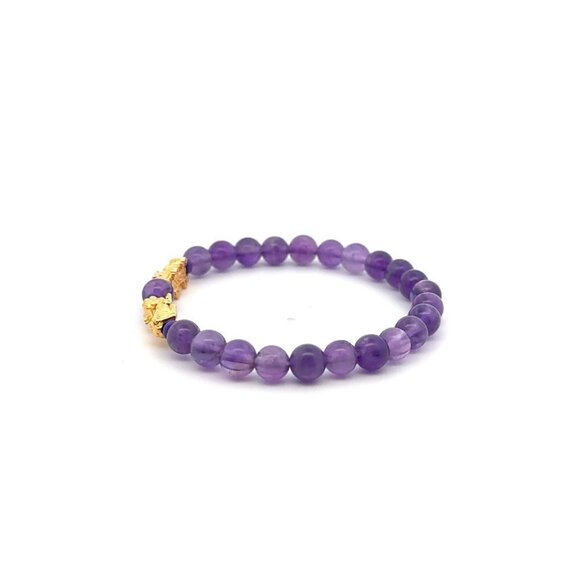 18K Gold Pixiu Double Piyao Bracelet Gemstones Amethyst February Birthstone 6mm - Picture 4 of 7